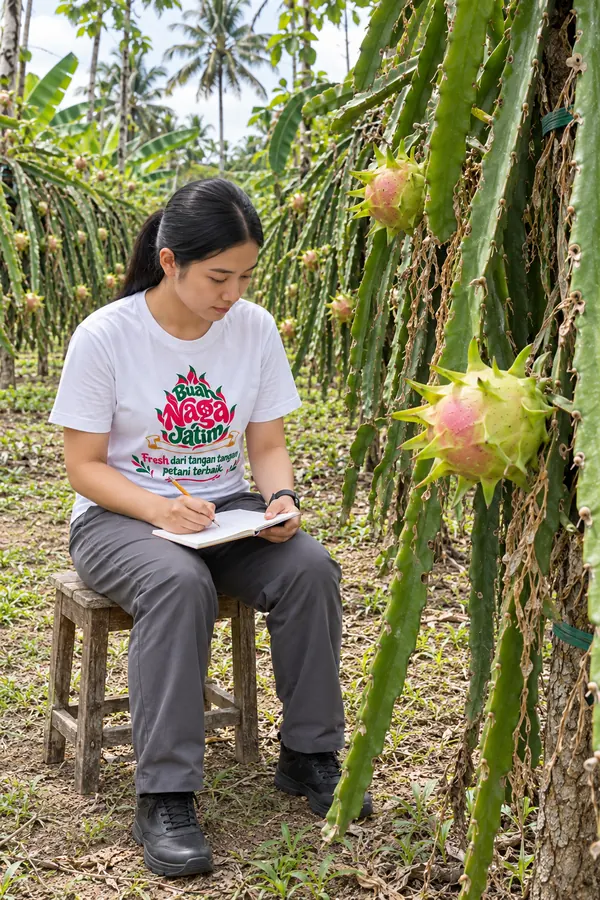 Mencatat hasil pengamatan di kebun buah naga