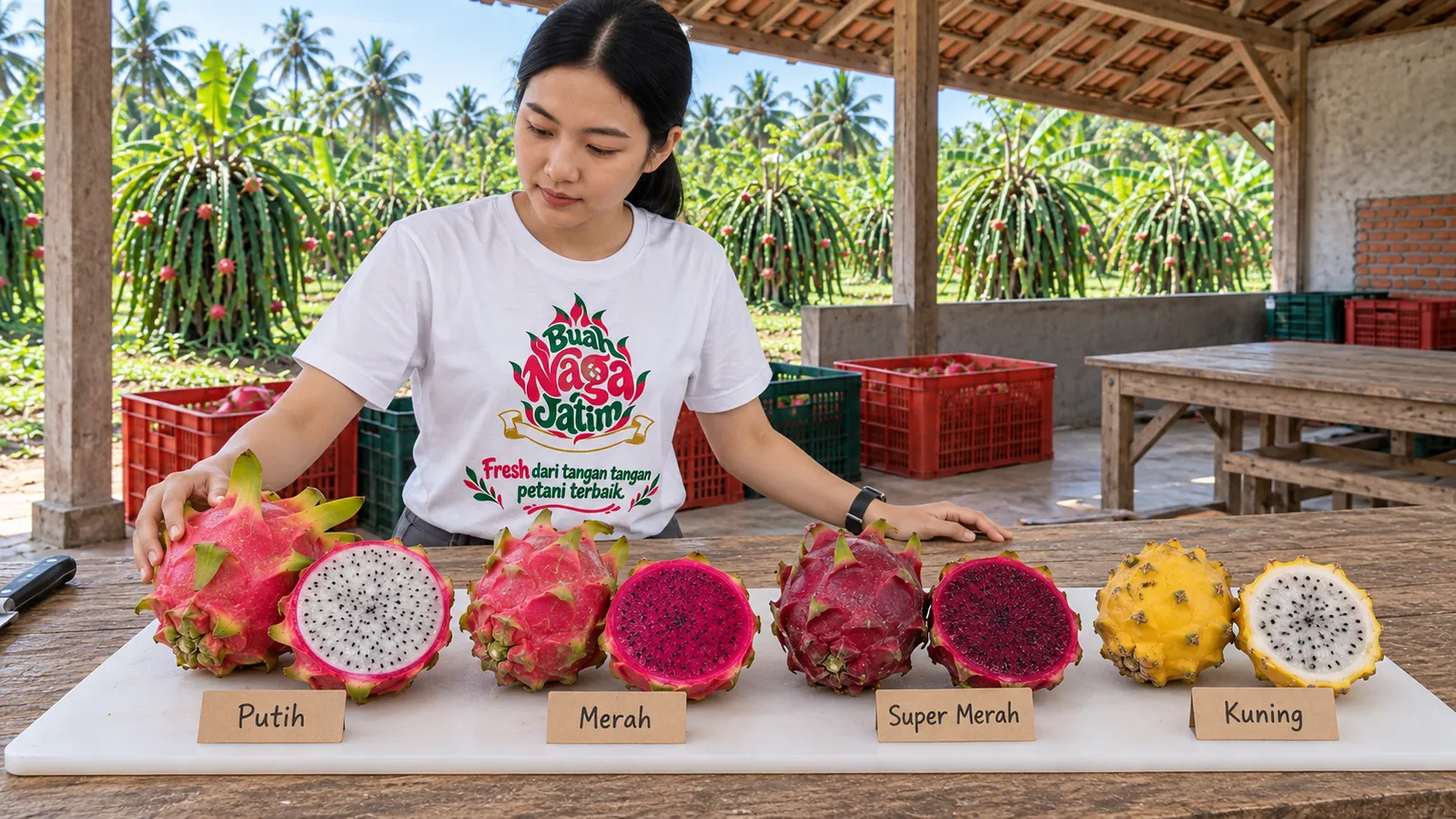 Empat jenis buah naga utuh dan dibelah berjajar di atas papan berlabel