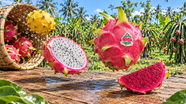 Buah naga merah, putih, dan kuning tumpah dari keranjang