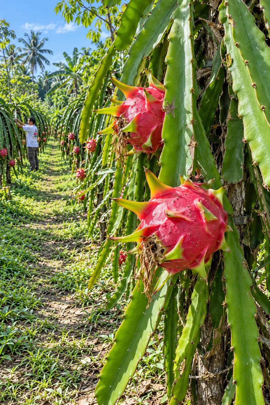 Buah naga merah matang menggantung di tanaman sepanjang lorong kebun