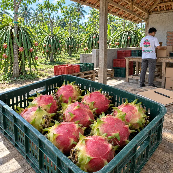 Keranjang hijau berisi buah naga di area pengemasan