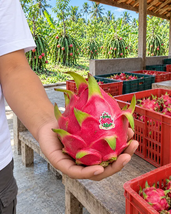Buah naga matang digenggam untuk diperiksa