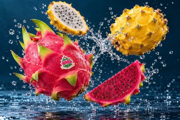 Buah naga merah dan kuning dengan percikan air
