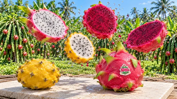 Buah naga merah, putih, dan kuning dibelah di kebun