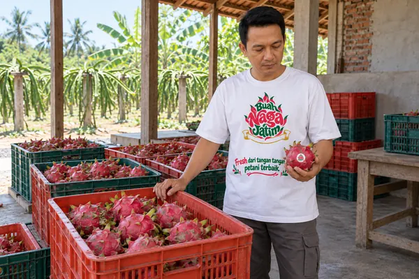 Memeriksa buah naga dari keranjang sebelum dikemas
