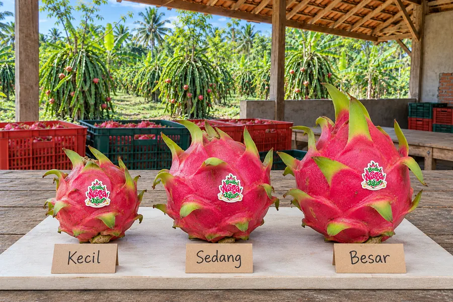 Tiga buah naga merah berukuran kecil, sedang, dan besar berjajar di atas papan